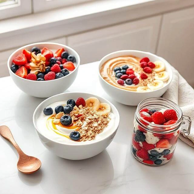 Three protein-rich Greek yogurt breakfast bowls with various toppings