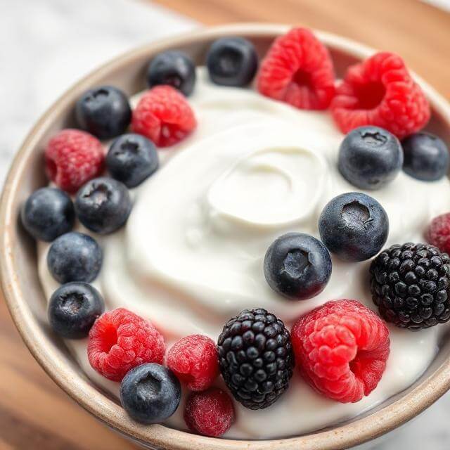 Bowl of creamy Greek yogurt topped with assorted frozen berries