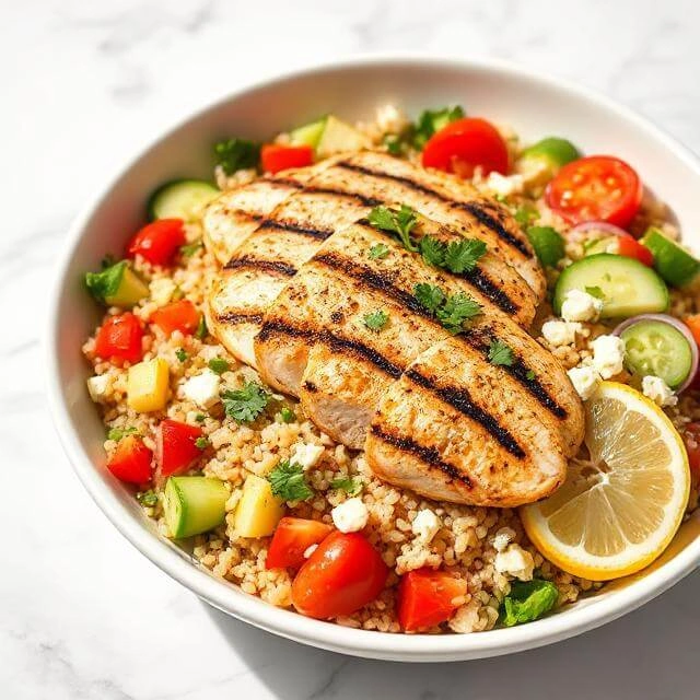 15 Tasty High-Protein Summer Dinners That Save Time And Money : Colorful grilled chicken and quinoa salad bowl with sliced seasoned chicken breast, fluffy quinoa, fresh vegetables, and herbs on a white plate