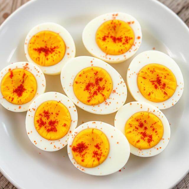 Halved hard-boiled eggs sprinkled with paprika on a plate