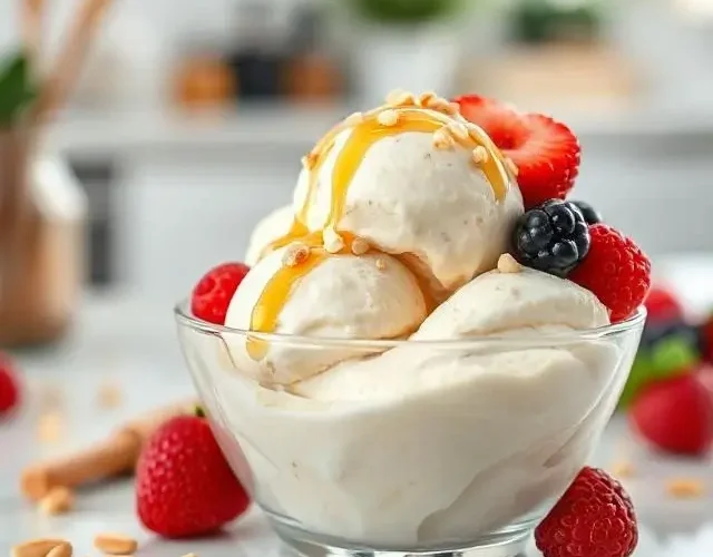 Homemade protein ice cream in a white bowl topped with fresh berries and almonds, healthy high-protein dessert.