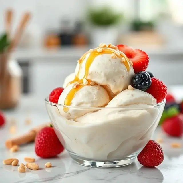 Homemade protein ice cream in a white bowl topped with fresh berries and almonds, healthy high-protein dessert.