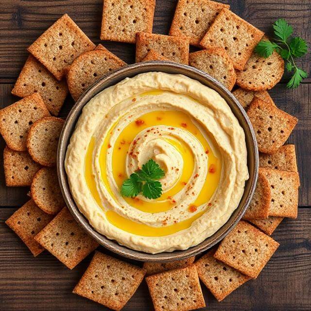 Hummus served with whole grain crackers on a plate, ready to eat
