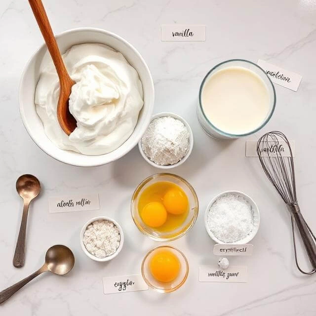 High-protein ice cream ingredients laid out on marble counter including Greek yogurt, protein powder, and almond milk