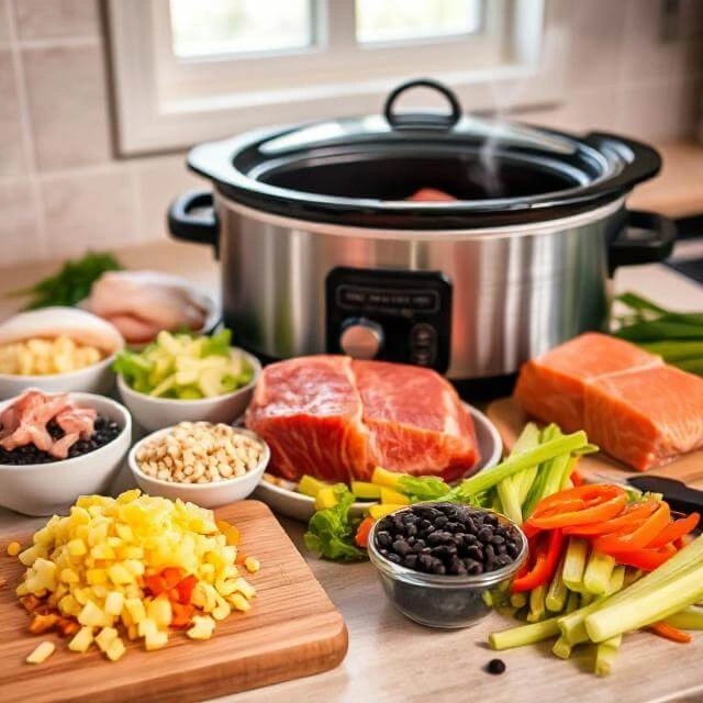 Easy Crockpot Recipes : Fresh and colorful ingredients for protein-packed crockpot recipes, including raw chicken thighs, lean beef, salmon fillets, black beans, diced onions, bell peppers, celery, garlic, and spices, arranged neatly on a wooden countertop.