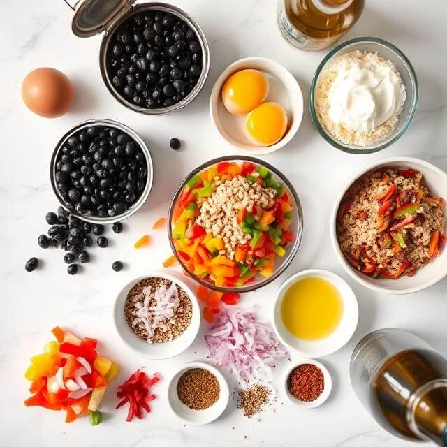 Budget-friendly high-protein dinner ingredients laid out including eggs, beans, vegetables, and Greek yogurt