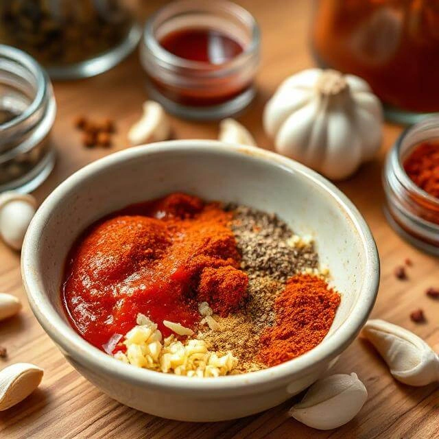 Close-up of a small bowl containing a rich spice blend of minced garlic, tomato paste, smoked paprika, cumin, and oregano on a wooden kitchen countertop.