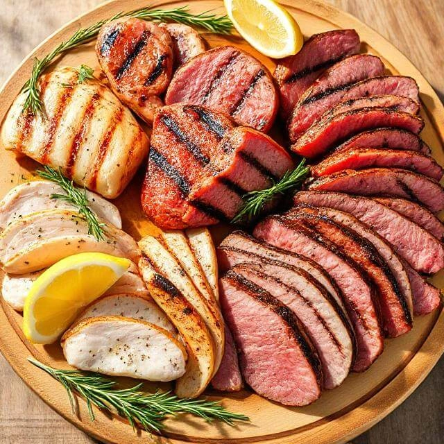 High-Protein Foods For Healthy Aging : Lean meats including grilled chicken breast, turkey slices, and lean beef strips with fresh herbs and lemon on a wooden cutting board
