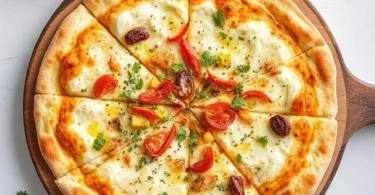 Homemade low-carb cottage cheese pizza crust topped with fresh ingredients, high in protein.