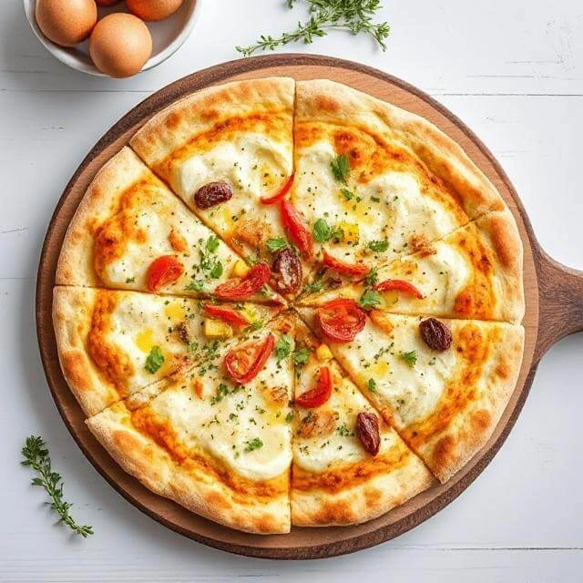 Homemade low-carb cottage cheese pizza crust topped with fresh ingredients, high in protein.