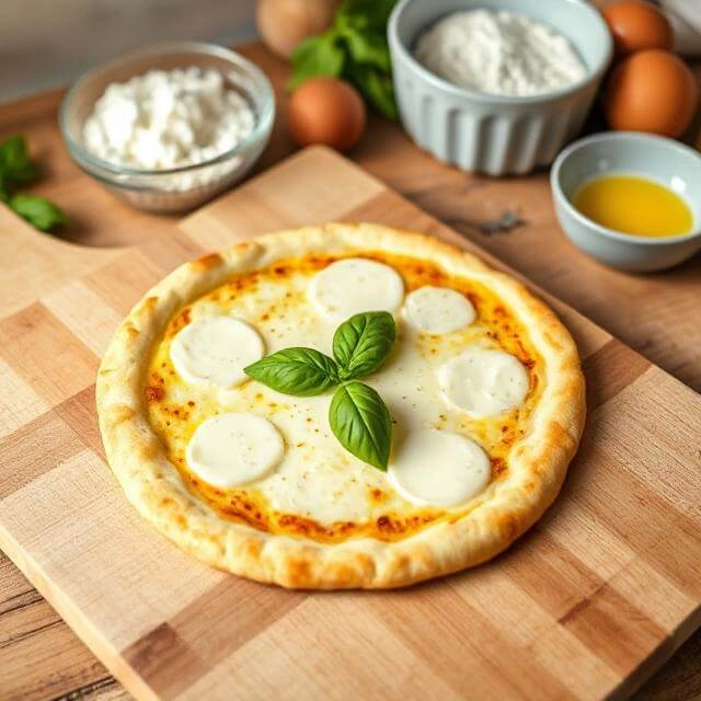 Homemade low-carb cottage cheese pizza crust on a baking sheet, golden and ready to top.
