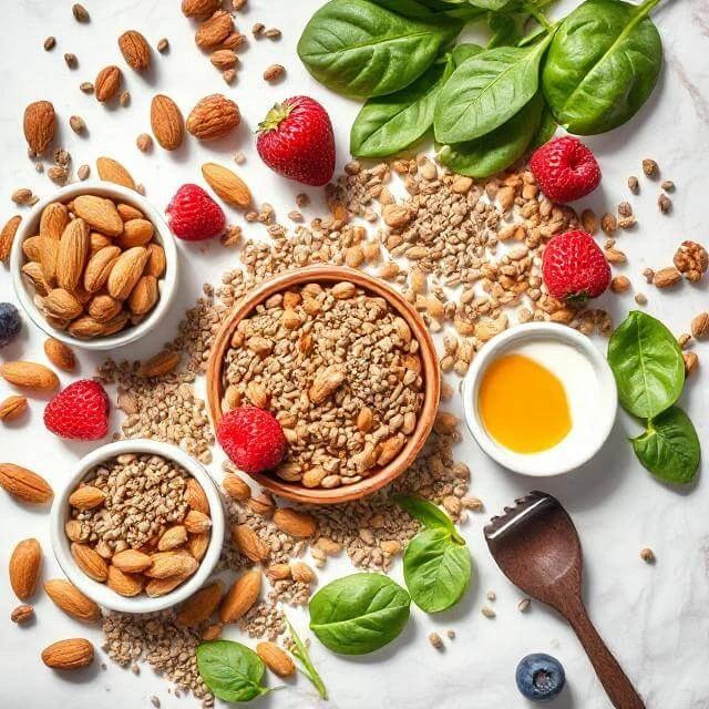 Protein-rich nuts, seeds, and superfoods including almonds, chia seeds, pumpkin seeds, and colorful vegetables arranged on a wooden table