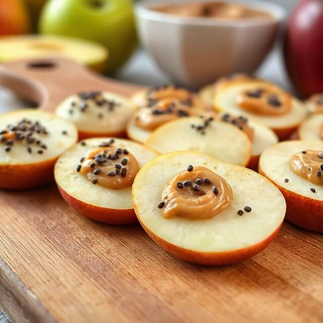 Cheap and Healthy High-Protein Snacks : Peanut butter apple energy bites on a plate, ready to eat