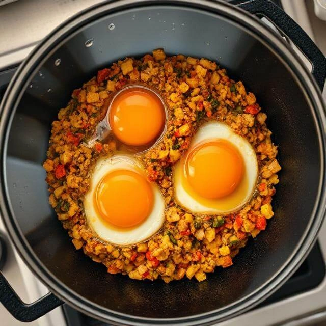 Scrambled eggs being folded into quinoa and vegetable mixture to complete the protein dish