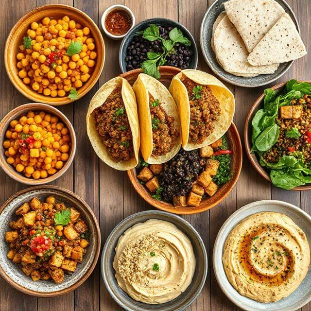 Delicious plant-based protein meals on a budget with lentils, beans, tofu, and vegetables served in bowls