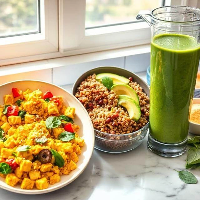 Three high-protein plant-based breakfast options with tofu, lentils, and smoothie