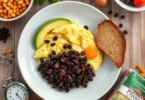 Quick high-protein dinner plate with eggs, beans, and vegetables prepared in 10 minutes on a budget
