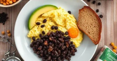 Quick high-protein dinner plate with eggs, beans, and vegetables prepared in 10 minutes on a budget
