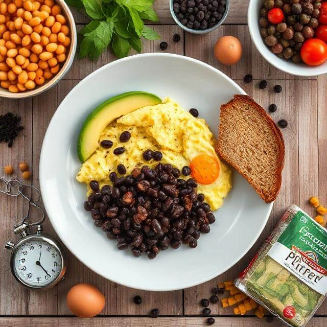 Quick high-protein dinner plate with eggs, beans, and vegetables prepared in 10 minutes on a budget