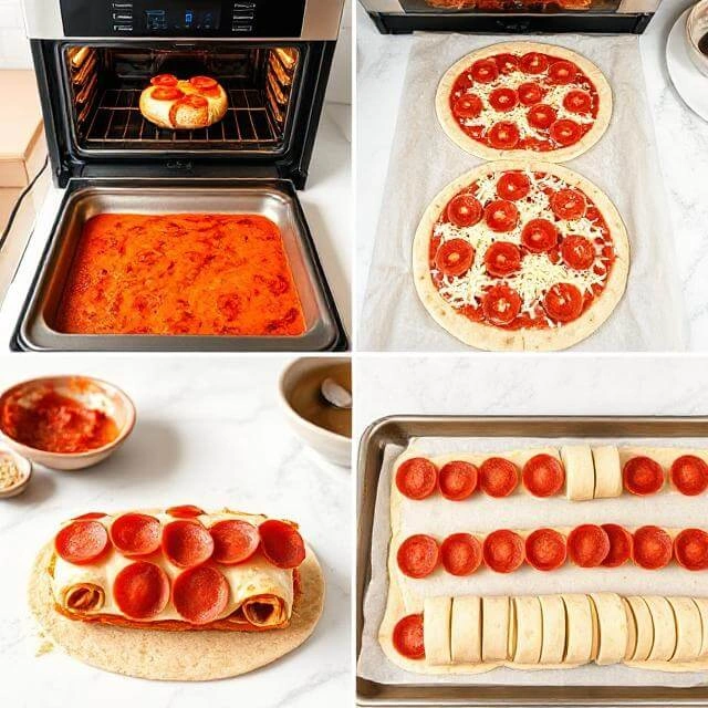 Step-by-step images showing the process of making high-protein pepperoni pizza rolls: rolling out whole wheat dough, spreading pizza sauce, layering cheese and pepperoni, rolling the dough, slicing into pieces, and arranging on a baking sheet.