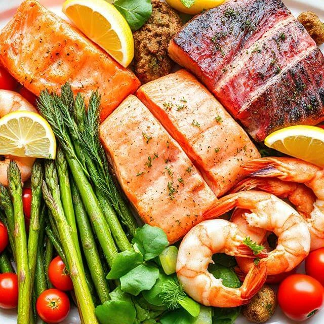 High-protein seafood including salmon fillets, tuna steaks, and shrimp with fresh vegetables and herbs on a wooden platter