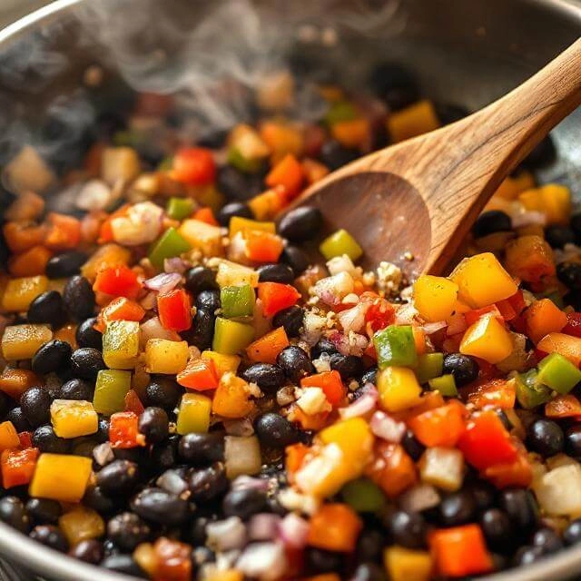 Colorful vegetables sautéing with black beans in a skillet, creating an aromatic base for quick dinner