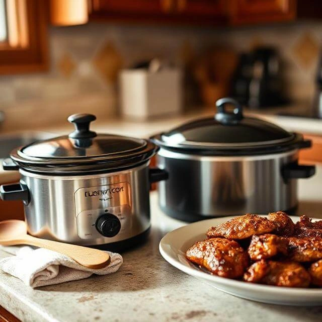 Slow cooker on kitchen counter with cooked protein and vegetables inside, ready to serve.