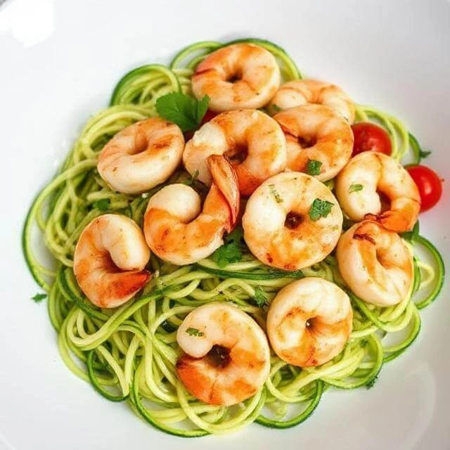 Shrimp sautéed with garlic and herbs served over spiralized zucchini noodles in a light sauce.

