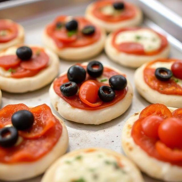 Golden, bite-sized mini pizzas topped with melted cheese and colorful vegetables.