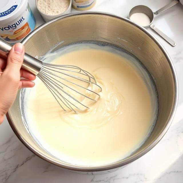 Hands whisking Greek yogurt, protein powder, and sweetener in mixing bowl for ice cream base