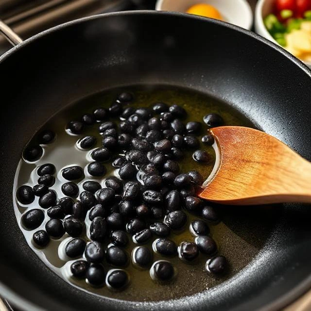 Black beans warming in olive oil in a non-stick pan with other ingredients prepped nearby"