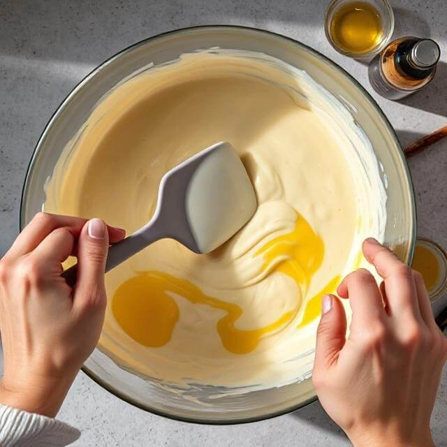 Hands folding egg yolks and vanilla extract into protein ice cream base using figure-eight motion