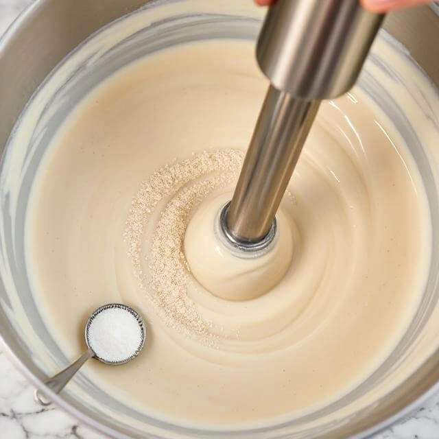 Immersion blender mixing xanthan gum into protein ice cream base to prevent ice crystals
