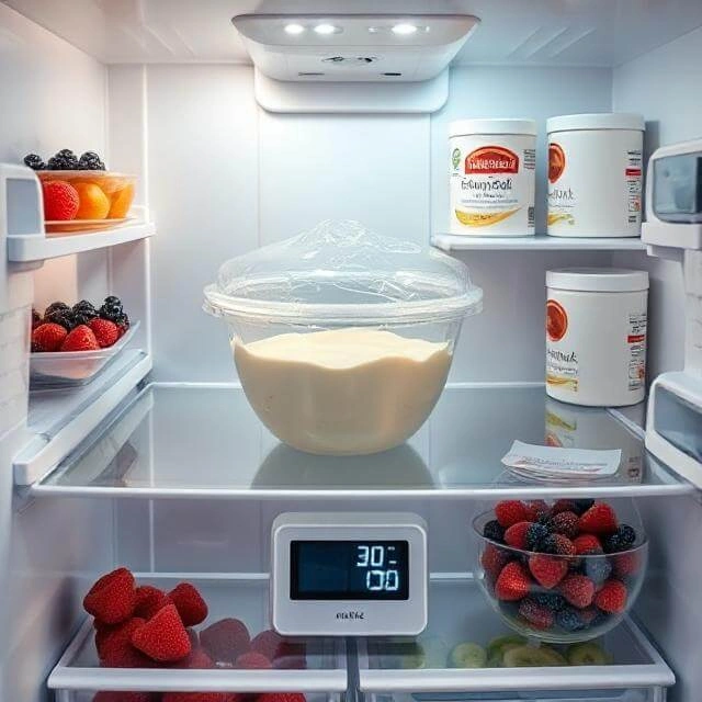 Covered protein ice cream mixture chilling in refrigerator with 30-minute timer for optimal churning temperature