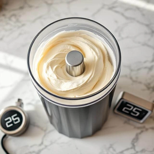 Ice cream maker churning protein ice cream mixture to soft-serve consistency with timer showing 25 minutes