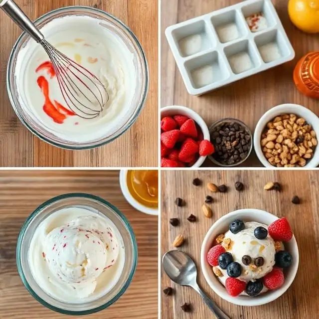 Step-by-step process of making homemade protein ice cream with mixing bowl, whisk, and ingredients.