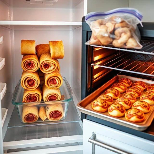 High-protein pepperoni pizza rolls stored in an airtight container in the refrigerator, frozen pizza rolls in a freezer-safe bag, and pizza rolls reheating in an oven.