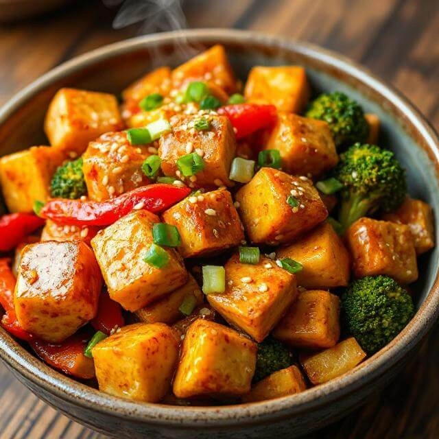 Stir-fried tofu cubes with broccoli, bell peppers, and carrots in a savory garlic sauce, served in a white bowl