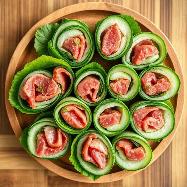 Tuna and cucumber roll-ups on a plate, garnished and ready to eat