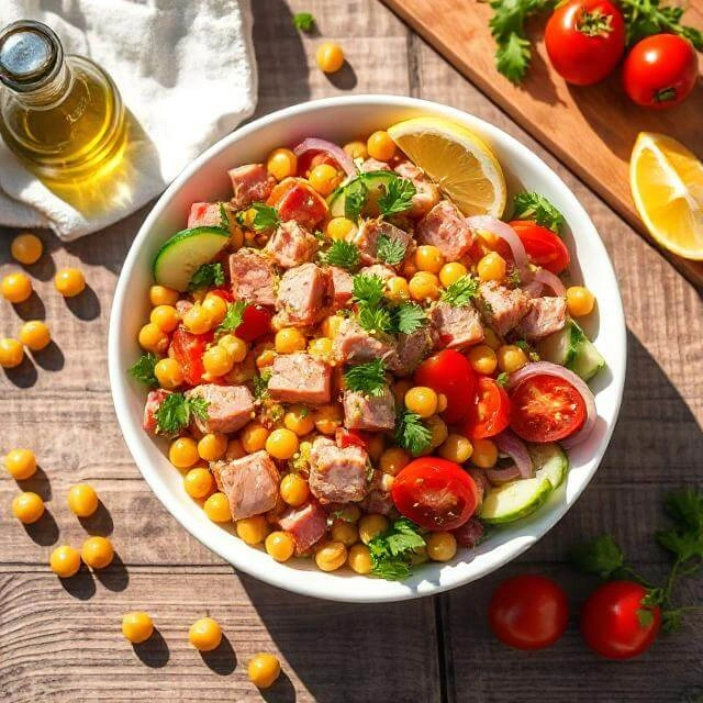 Fresh tuna and chickpea salad in a white bowl with golden chickpeas, flaked tuna, diced vegetables, and herbs, drizzled with olive oil dressing