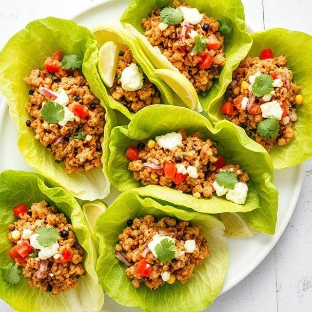 Ground turkey taco filling served in crisp lettuce leaves, topped with fresh salsa and avocado.

