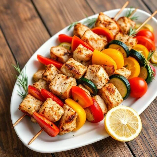 Grilled turkey and vegetable skewers with colorful bell peppers, zucchini, and red onion on wooden skewers, beautifully charred and ready to serve