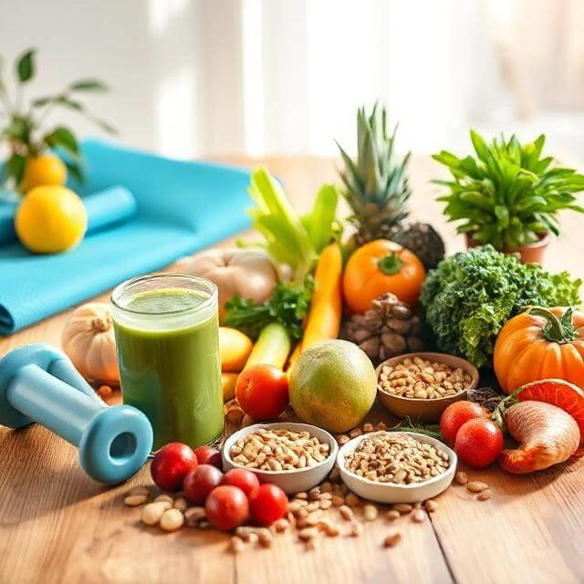 Healthy lifestyle concept with fresh fruits, vegetables, nuts, seeds, smoothie, and wellness items representing youthful living and vitality