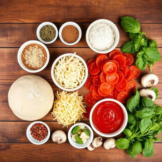 Assorted fresh ingredients for high-protein pepperoni pizza rolls including turkey pepperoni slices, shredded low-fat mozzarella cheese, whole wheat pizza dough, low-sugar pizza sauce, fresh basil, sliced mushrooms, and spices arranged neatly on a wooden surface.