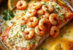 Baked salmon topped with shrimp and melted cheese, served with lemon and herbs.