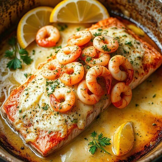 Baked salmon topped with shrimp and melted cheese, served with lemon and herbs.