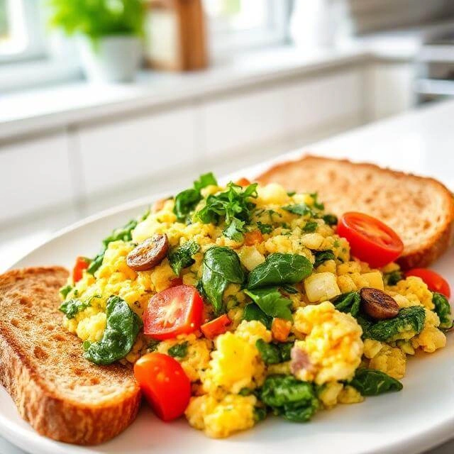 5-minute veggie scramble with eggs, spinach, bell peppers, and onions, a quick high-protein breakfast