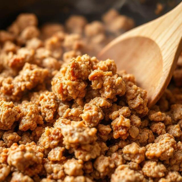 Browned turkey cooking in a skillet for high-protein pumpkin turkey chili