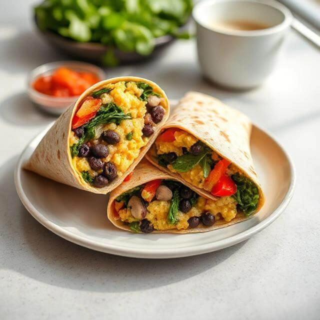 Budget-friendly veggie breakfast wrap with scrambled eggs, black beans, spinach, mushrooms, and bell peppers