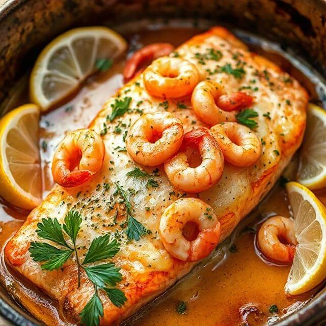 Garlic and herb baked salmon fillet topped with shrimp and melted cheese, garnished with fresh parsley and lemon wedges.